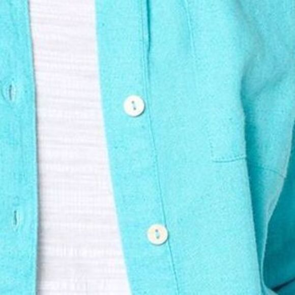 Denim & Co. Women's Top Petite PM Naturals Linen Blend Button-Front Blue A673848 - Picture 2 of 4